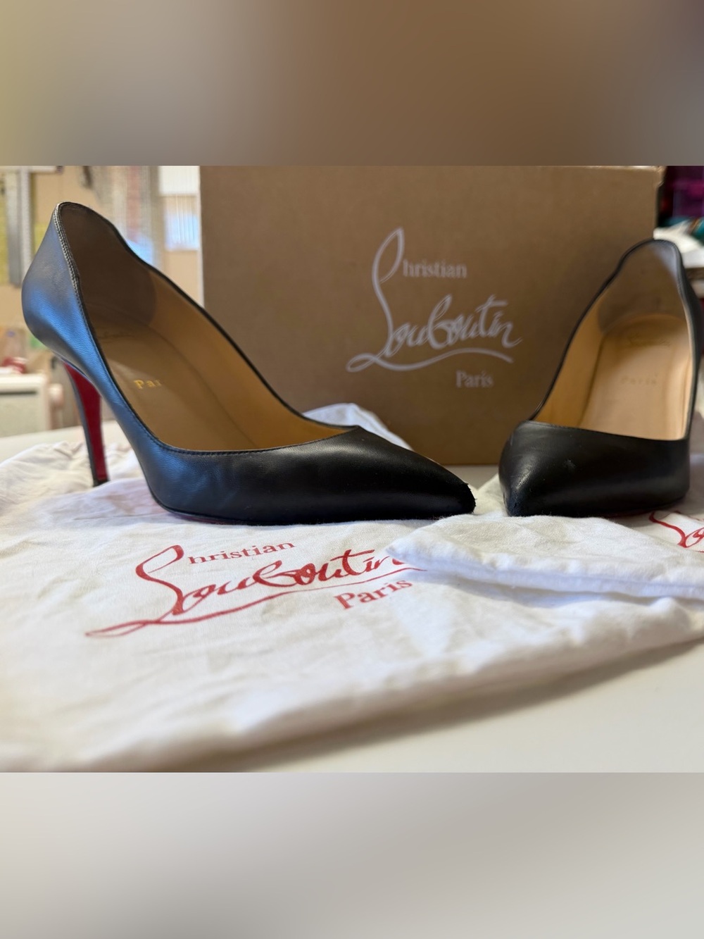 Christian Louboutin Black Leather Pointed Toe Stiletto Pumps with Red Sole